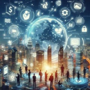 A dynamic scene of fintech companies and digital banking interfaces in South Korea.