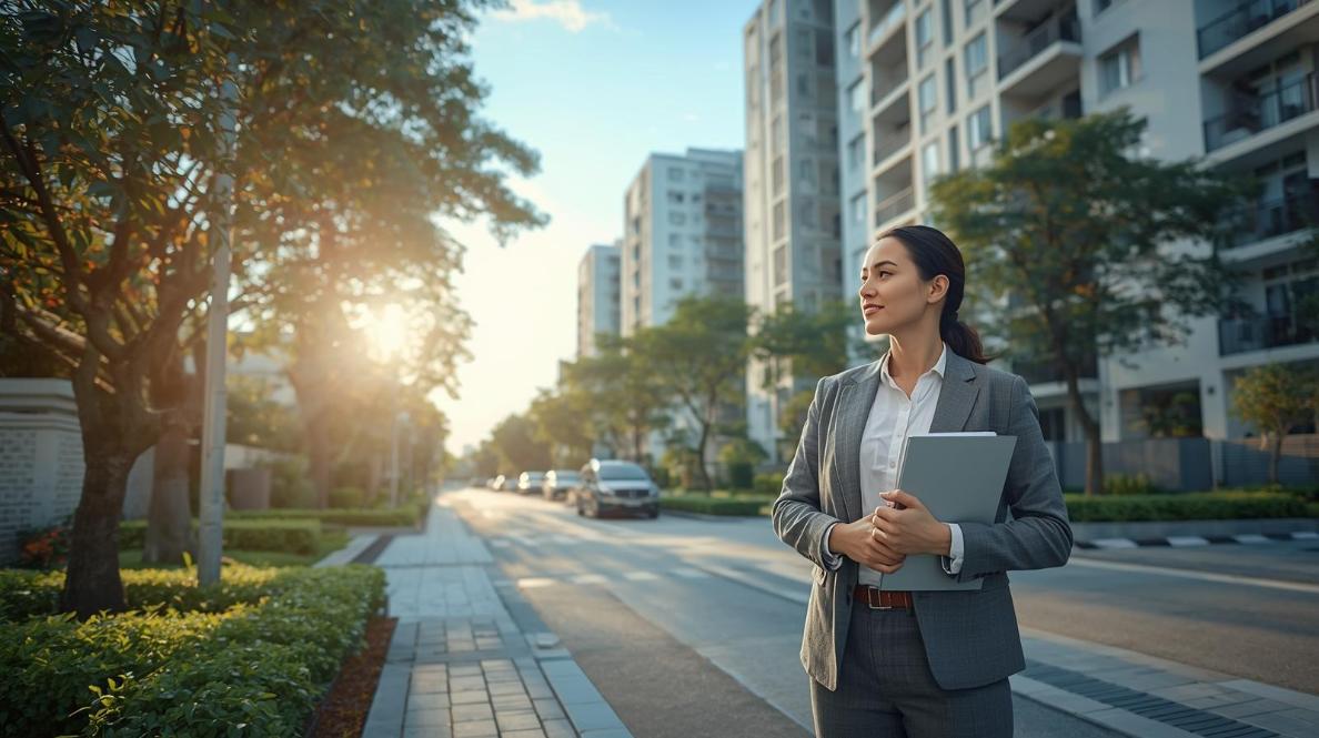 Professional observing modern Singapore condos, sunny day, symbolizing property investment and financial growth.