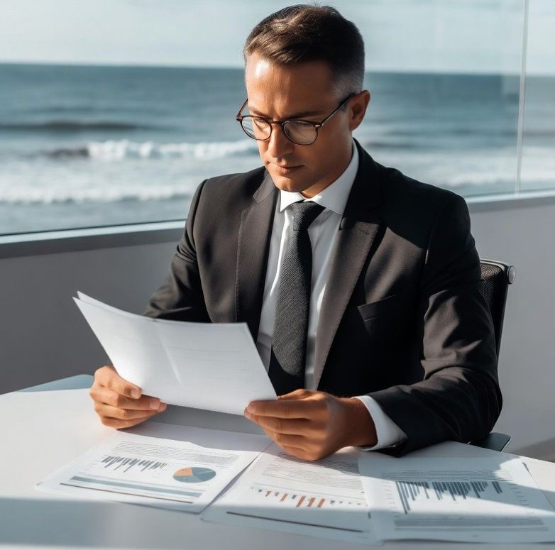 Investor reviewing property valuation reports with ocean scenery in the background